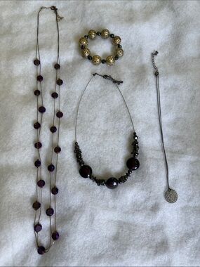 3 Gold Beaded and Purple Accent Women's Necklace and 1 Bracelet Set